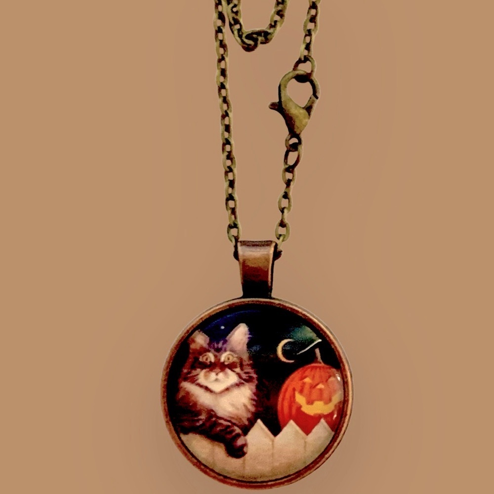 Cat and Pumpkin Jack O Lantern Pendant Necklace Handmade Halloween - Picture 2 of 6